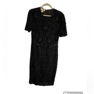 Laurence Kazar vintage black sequin and beads‎ silk midi dress petite M